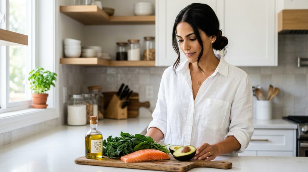 Woman preparing a simple keto meal of salmon avocado and leafy greens for diabetes management representing the practical low carb diet diabetes management approach through ketogenic eating