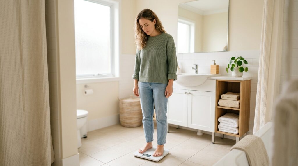 Woman standing calmly on a bathroom scale showing the analytical approach needed when not losing weight on keto and distinguishing a keto stall from a true keto plateau
