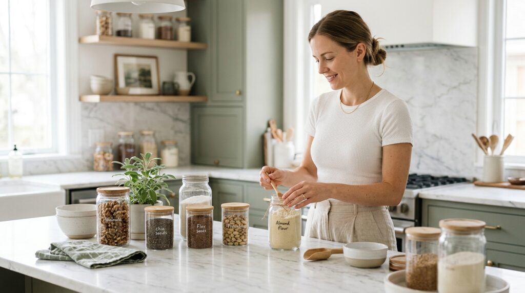 Woman organising a complete keto pantry list of cupboard staples including nuts seeds and low carb flours on a kitchen counter