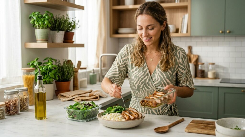  Woman quickly assembling a keto meal bowl from prepped components including sliced chicken thighs cauliflower rice and leafy greens showing how keto meal prep ideas for the week translate into fast everyday meals