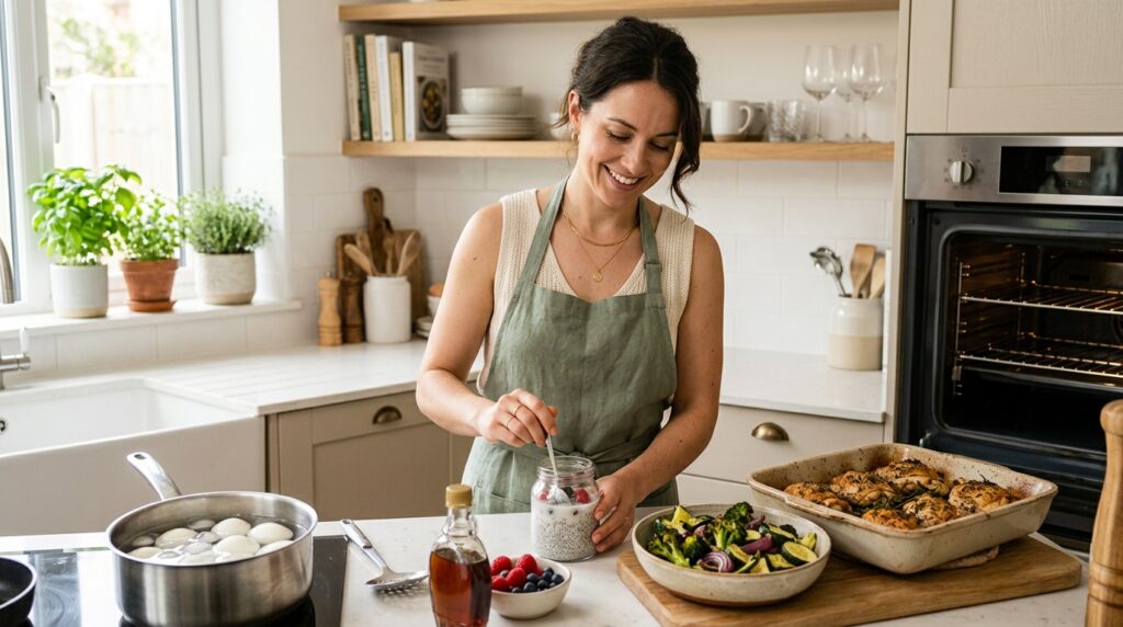 Woman standing at kitchen counter with multiple keto batch cooking components including roasted chicken thighs hard-boiled eggs roasted vegetables and chia seed pudding representing a complete keto batch cooking guide session