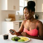 Woman at a bright kitchen table with a keto meal of eggs and avocado and a blood glucose monitor representing the keto diet and diabetes connection and informed blood sugar management