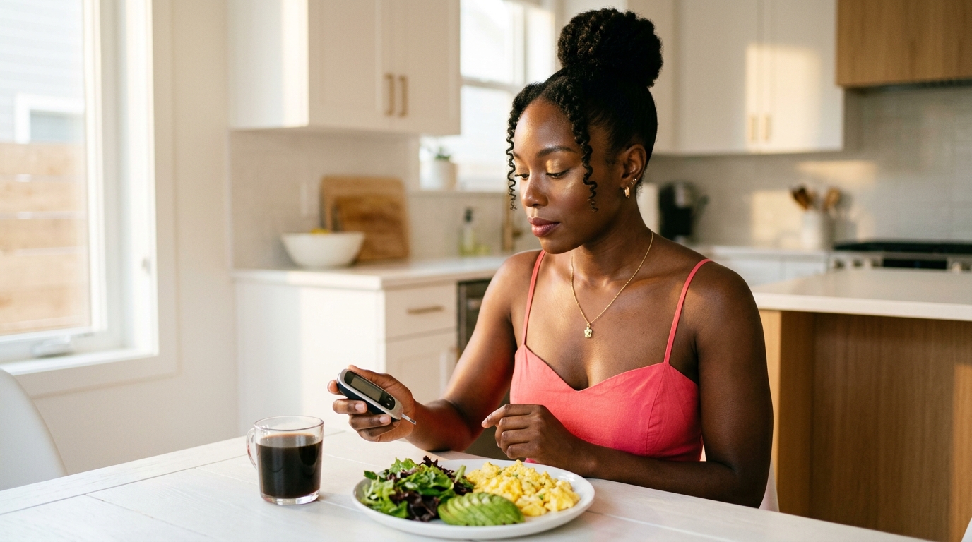 Woman at a bright kitchen table with a keto meal of eggs and avocado and a blood glucose monitor representing the keto diet and diabetes connection and informed blood sugar management