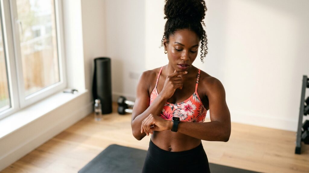 Black woman with natural hair in a tropical print sports bra and gym leggings checking a fitness tracking watch in a bright home gym showing the metabolic rate and activity factors behind why weight loss stops on keto and how a keto plateau develops