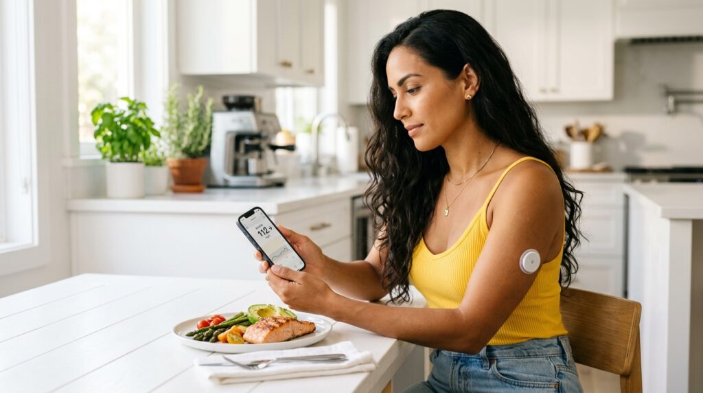 Woman with a continuous glucose monitor checking her glucose readings at a kitchen table representing the careful monitoring required for keto diet and type 1 diabetes management
