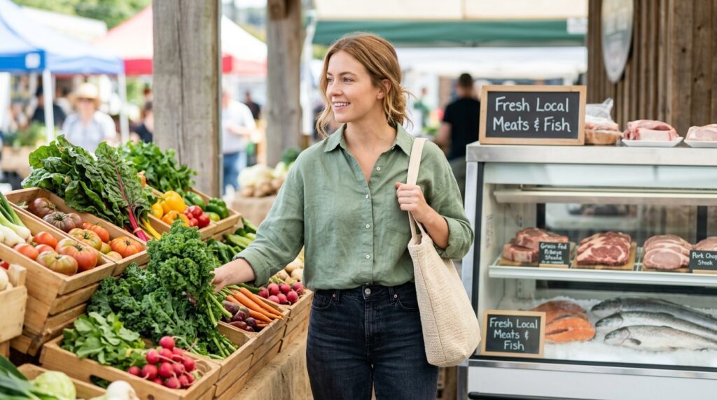  Woman at a bright farmers market with both fresh vegetable and meat displays representing the carnivore diet pros and cons vs keto in terms of food variety and choice
