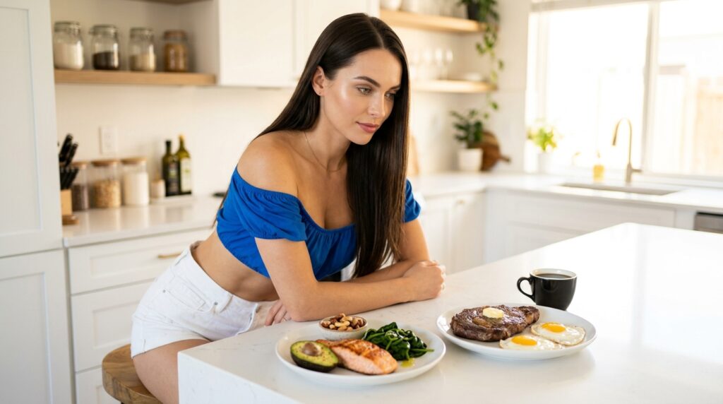 Gorgeous dark haired woman in a cobalt blue off-shoulder crop top with bare midriff leaning over two plates at a bright white kitchen island comparing a colourful keto meal of salmon avocado and spinach with a carnivore meal of ribeye steak and fried eggs showing the practical carnivore diet vs ketogenic differences in daily eating