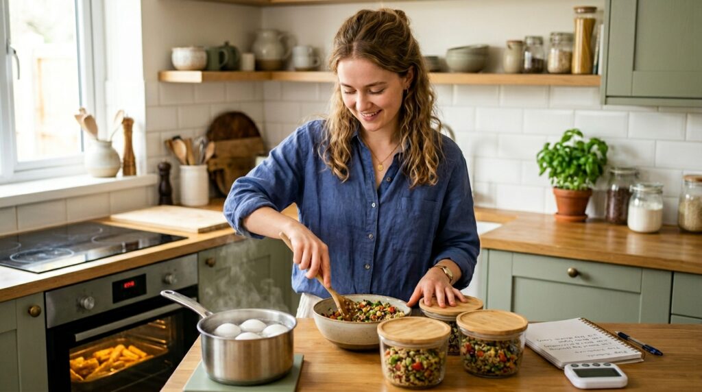 Woman following a structured keto meal prep session with multiple items cooking simultaneously showing how to meal prep on keto efficiently in two hours