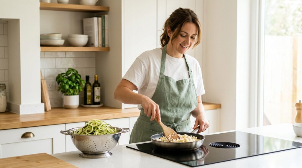 Woman cooking with keto food swaps including cauliflower rice and courgette noodles as low carb alternatives to rice and pasta in an everyday keto kitchen