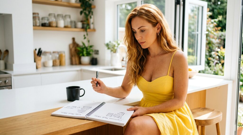 Gorgeous auburn haired woman in a sunshine yellow summer dress leaning over two open notebooks comparing keto and carnivore meal plan ideas at a bright white kitchen island with pen hovering mid-decision representing whether carnivore is better than keto for specific goals and lifestyle