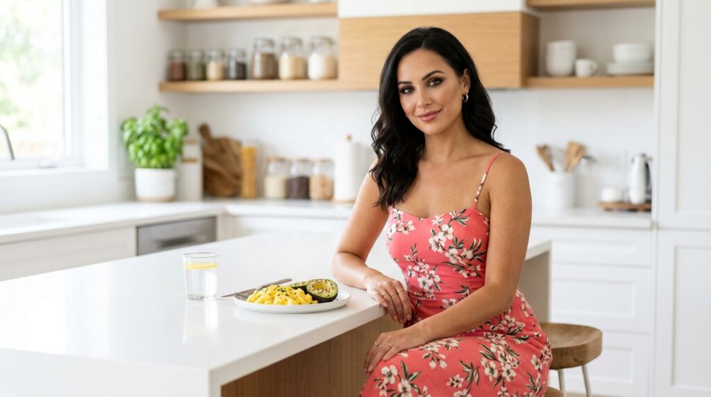 Woman in a coral pink summer dress eating a keto breakfast of scrambled eggs and avocado at a bright white kitchen island showing the low carb approach behind why keto reduces belly fat through insulin reduction and visceral fat targeting