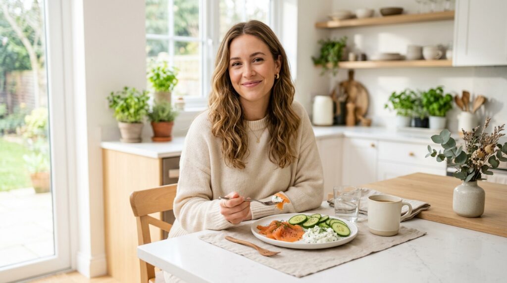 Woman eating a high fat keto breakfast of smoked salmon and cream cheese showing how quick keto breakfast ideas keep you satisfied until lunch