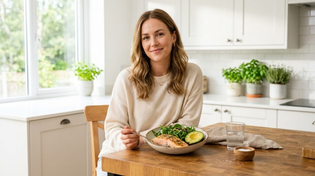 Woman eating a simple lazy keto meal of salmon avocado and leafy greens at a bright kitchen island without tracking or weighing food