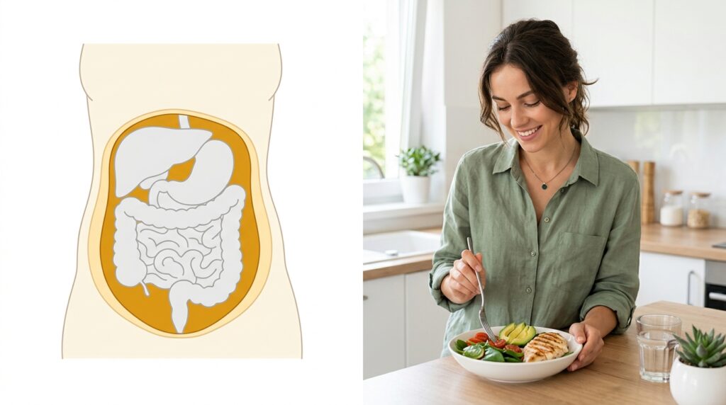 Educational illustration showing visceral fat and subcutaneous fat layers alongside a woman eating a keto meal representing how a keto diet belly fat reduction approach targets visceral fat specifically
