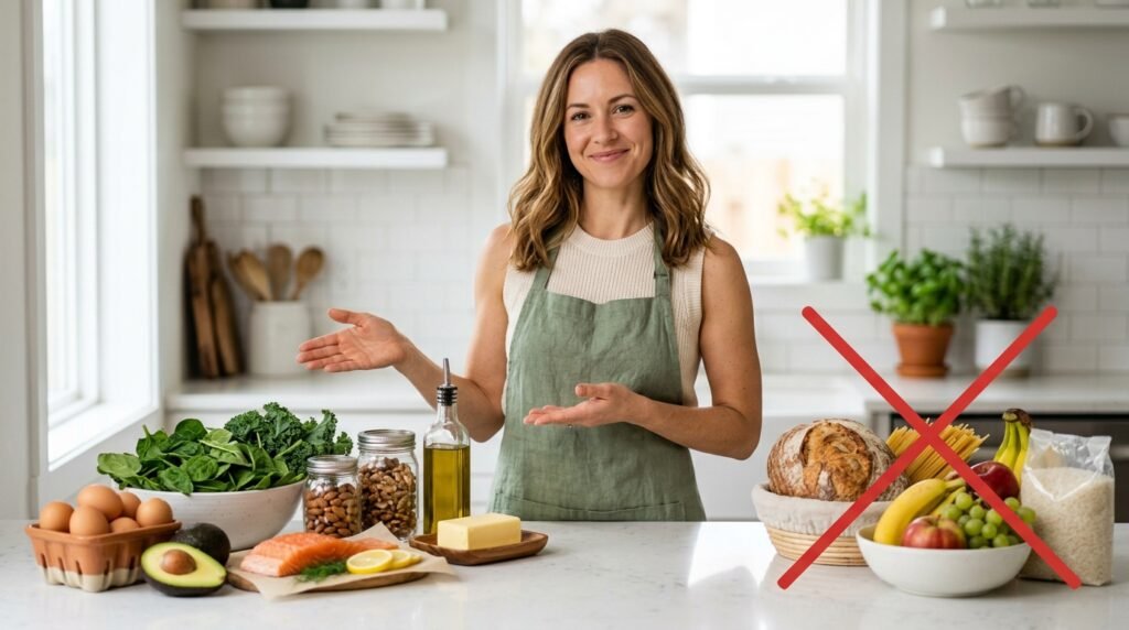 Woman at a kitchen counter showing lazy keto what to eat on the left with keto safe foods versus high carb foods to avoid on the right
