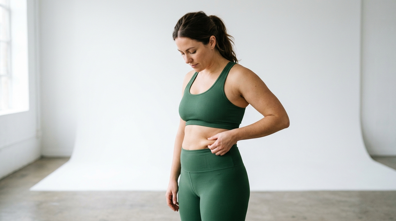 Woman in sage green athletic wear calmly examining her midsection representing the keto diet belly fat reduction process and how keto targets visceral fat