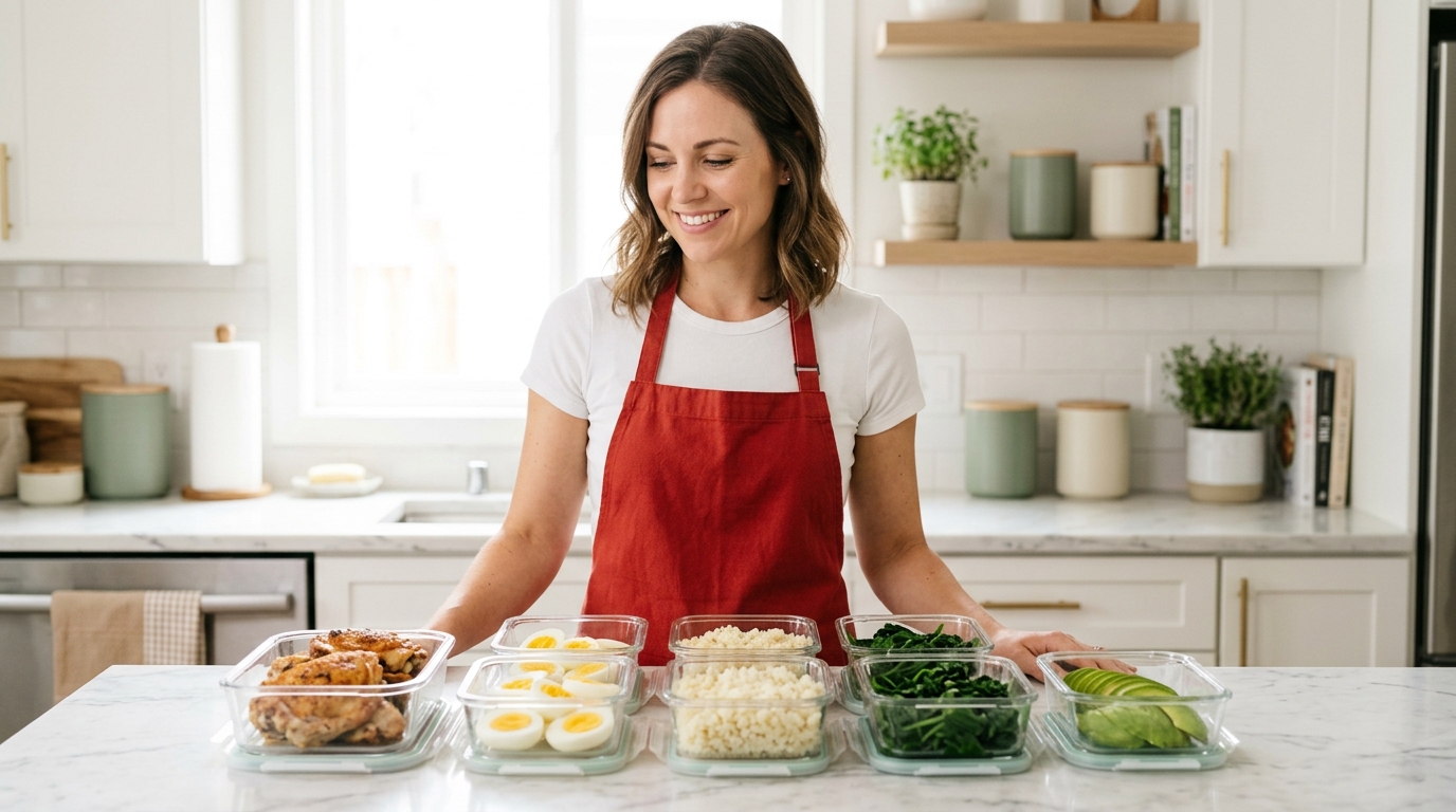 Woman at a marble kitchen counter surrounded by glass keto meal prep containers showing a complete keto meal prep for beginners setup with prepped proteins vegetables and eggs