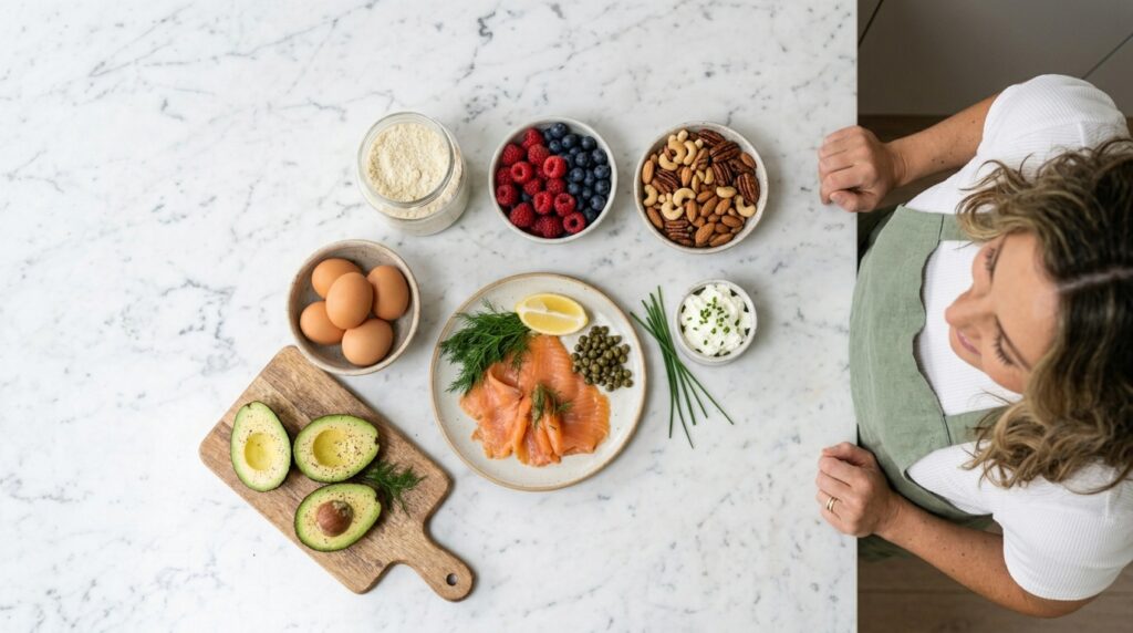 Woman at kitchen counter with flat lay of quick keto breakfast ideas ingredients including avocado eggs smoked salmon cream cheese nuts and berries