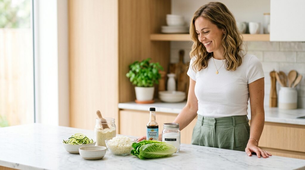 Woman at a marble kitchen counter with low carb keto food swaps including courgette noodles cauliflower rice and almond flour representing all major keto food swap categories