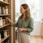 Woman organising a well-stocked keto pantry list of low carb kitchen staples and keto essentials for beginners
