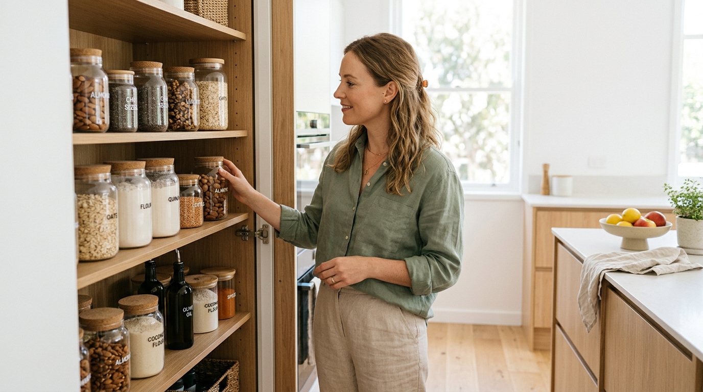 Woman organising a well-stocked keto pantry list of low carb kitchen staples and keto essentials for beginners
