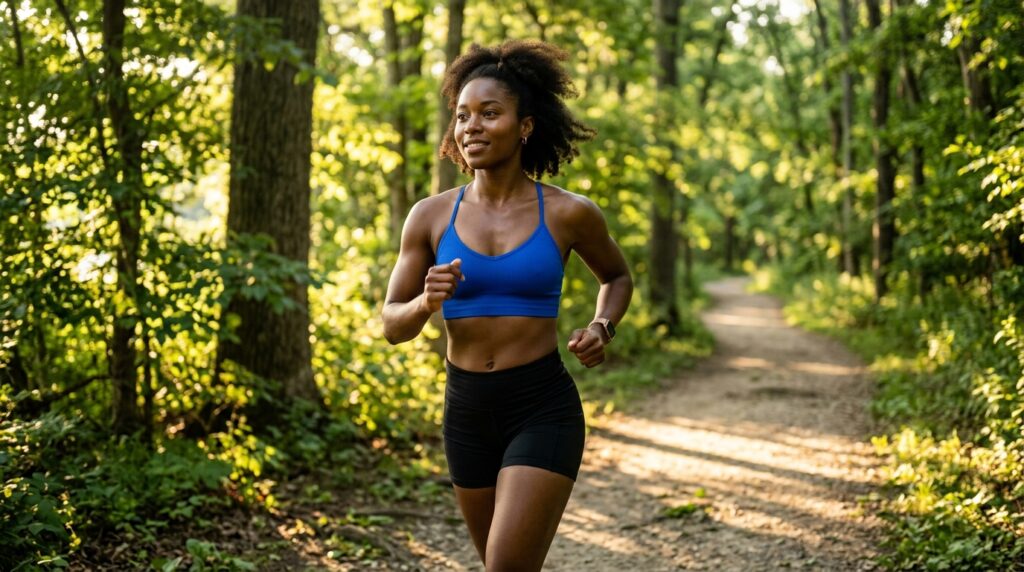 Black woman in a cobalt blue sports bra and running shorts jogging along a sun-drenched tree-lined path showing how exercise alongside a keto diet accelerates belly fat and visceral fat loss results
