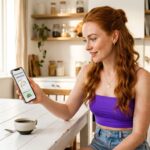 Gorgeous Irish redhead woman with natural freckles and copper red waves in an electric purple crop top looking at a personalised DNA keto programme on her smartphone at a bright white kitchen table representing a KetoDNA review of the DNA-based ketogenic diet and intermittent fasting programme