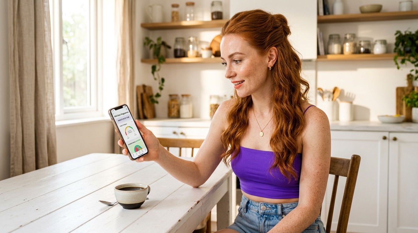 Gorgeous Irish redhead woman with natural freckles and copper red waves in an electric purple crop top looking at a personalised DNA keto programme on her smartphone at a bright white kitchen table representing a KetoDNA review of the DNA-based ketogenic diet and intermittent fasting programme