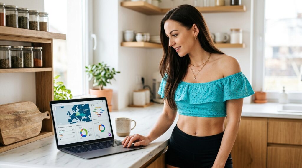 Gorgeous Eastern European woman with dark hair in a turquoise crop top looking at a DNA keto results dashboard on a laptop at a bright white kitchen counter showing how KetoDNA personalises a keto diet plan based on individual DNA genetic profile