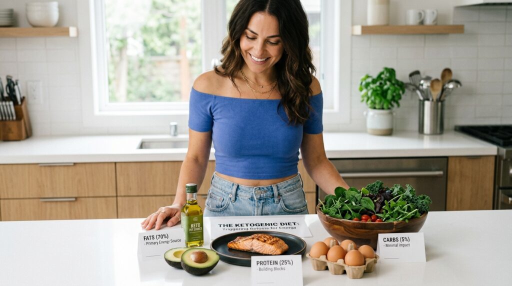 Gorgeous dark haired woman in a cobalt blue off-shoulder crop top looking down at a flat lay of keto macronutrient food groups including olive oil avocado eggs salmon and leafy greens at a bright white kitchen counter representing what the keto diet is and how 70 percent fat 25 percent protein and 5 percent carbs trigger ketosis