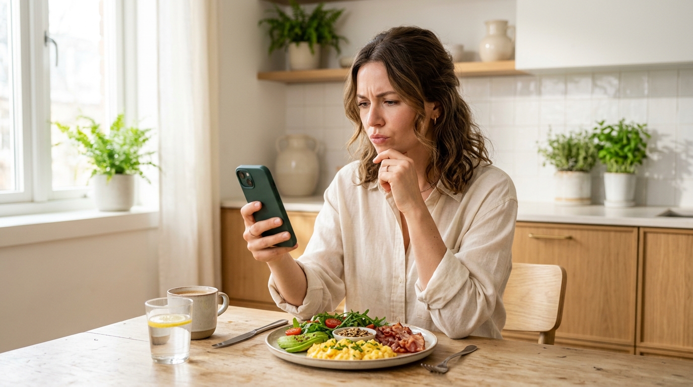 Woman with a thoughtful puzzled expression looking at her nutrition tracking app while sitting in front of a keto meal representing the frustration of not losing weight on keto