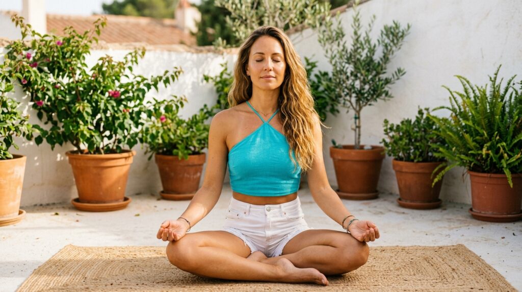 Gorgeous woman with golden brown hair in a turquoise halter crop top meditating on a yoga mat on a sunny outdoor terrace with eyes closed and a serene expression representing the importance of stress reduction and quality sleep for cortisol management and metabolic health for women over 40