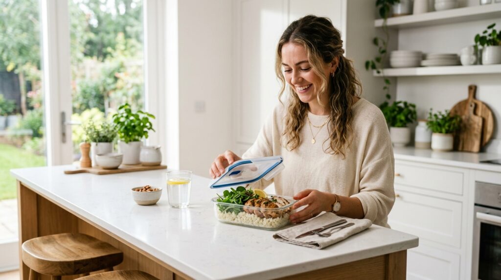 Woman opening a glass meal prep container with a prepped keto lunch of sliced chicken cauliflower rice and leafy greens showing how keto prep ahead meals make low carb eating effortless