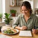 Woman sitting at a bright kitchen table with a lazy keto meal plan notepad and a simple keto plate of chicken avocado and greens