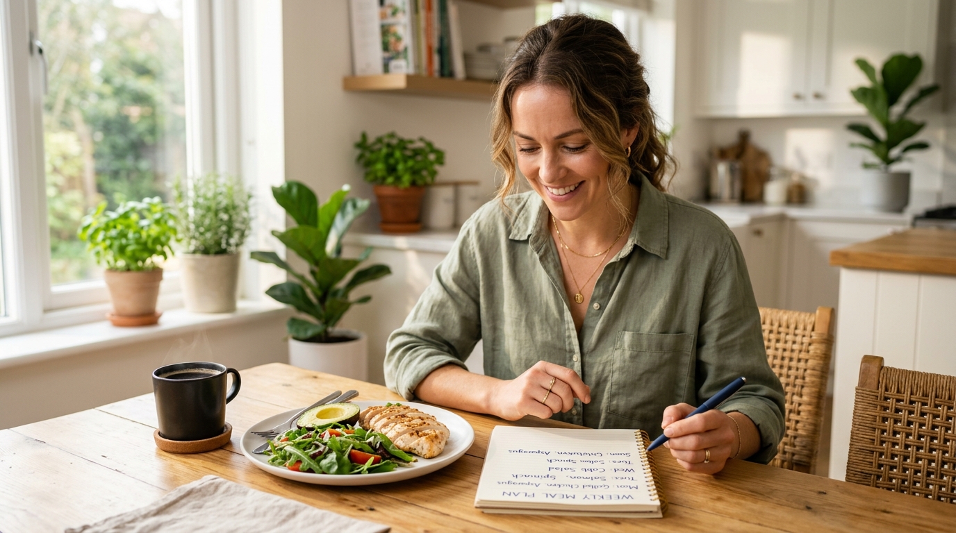 Woman sitting at a bright kitchen table with a lazy keto meal plan notepad and a simple keto plate of chicken avocado and greens