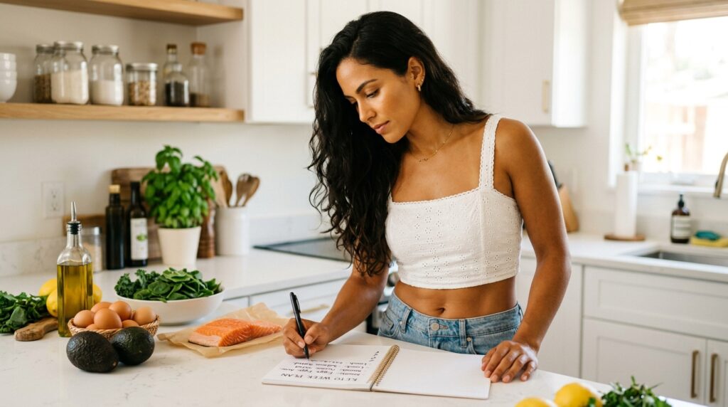 Mixed heritage Latina woman in a white eyelet crop top showing midriff leaning over a handwritten keto week plan at a bright kitchen counter with fresh keto ingredients showing the strategic approach to breaking a keto plateau with targeted dietary changes
