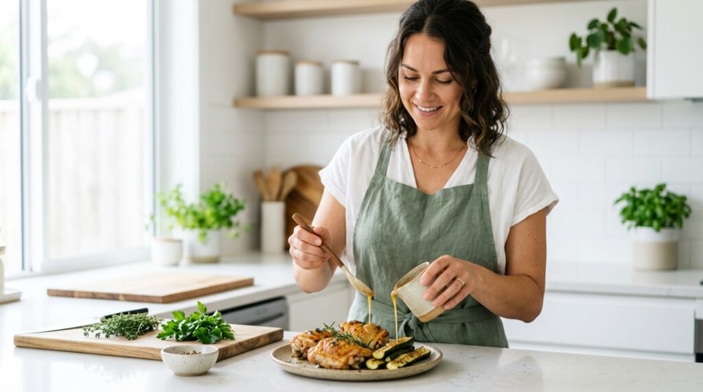 Woman plating a simple lazy keto dinner of chicken thighs with roasted courgette and butter sauce representing easy keto meal ideas for beginners