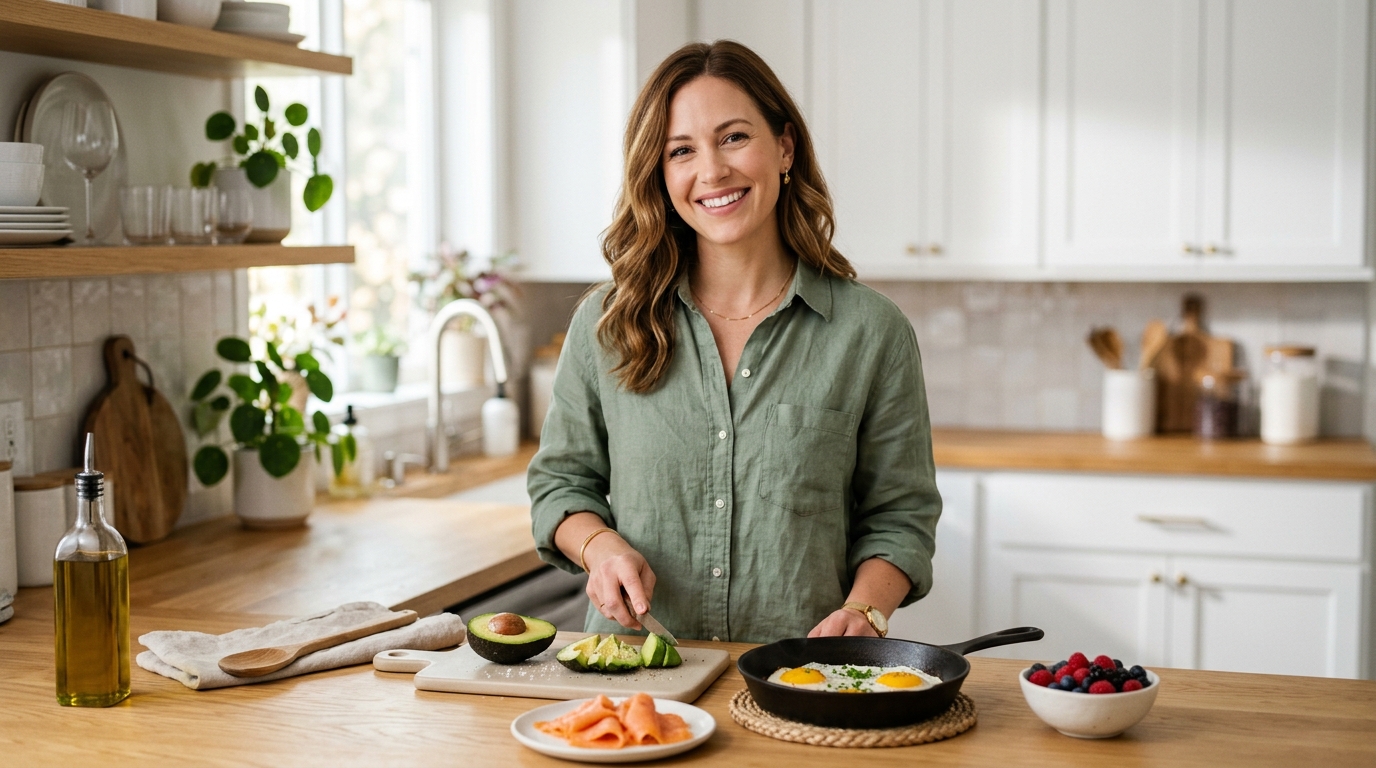 Woman preparing quick keto breakfast ideas including avocado eggs and smoked salmon in a bright Scandinavian kitchen