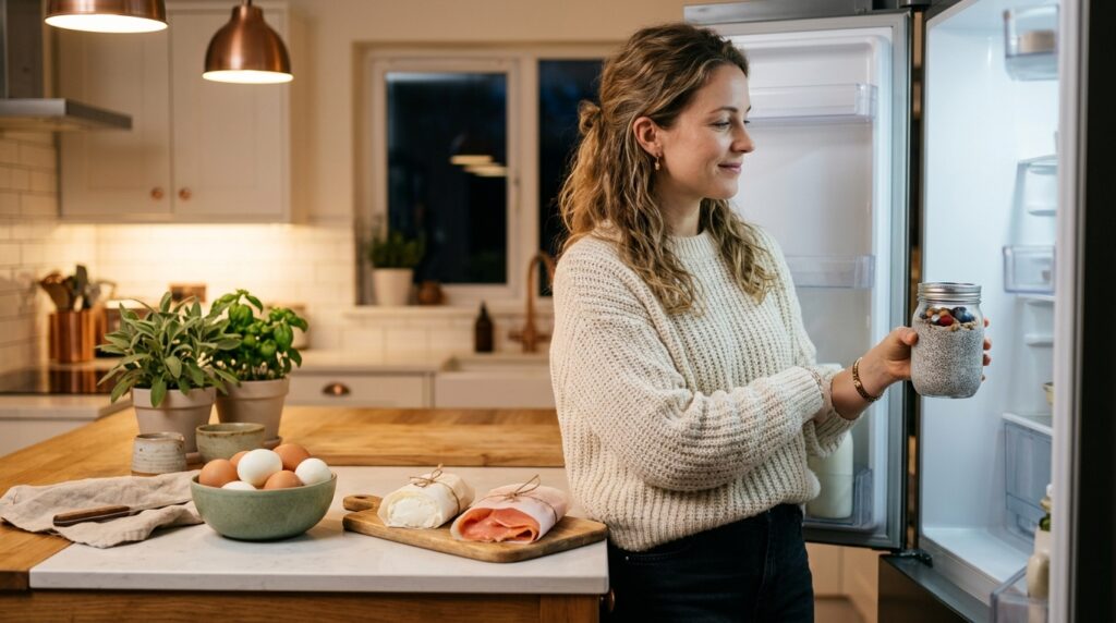  Woman preparing quick keto breakfast ideas the night before including chia seed pudding hard boiled eggs and smoked salmon to make keto mornings effortless