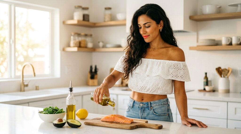 Gorgeous Mediterranean woman with tanned skin in a white eyelet crop top showing bare midriff drizzling olive oil over salmon at a bright white kitchen counter representing the confident effortless approach to keto meal preparation after one year of long term keto diet results