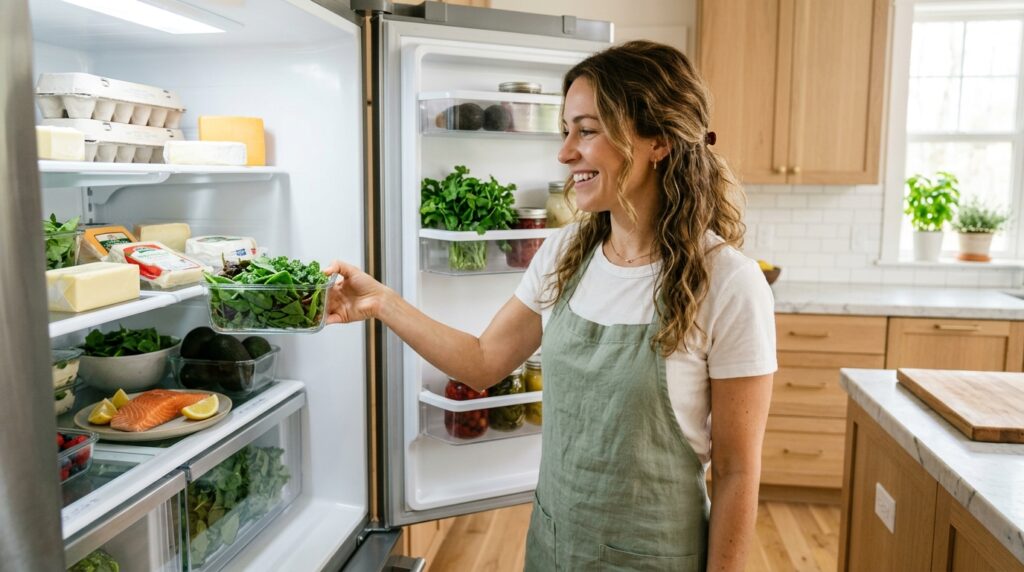 Woman organising a keto kitchen refrigerator filled with keto staples for beginners including eggs cheese and leafy greens