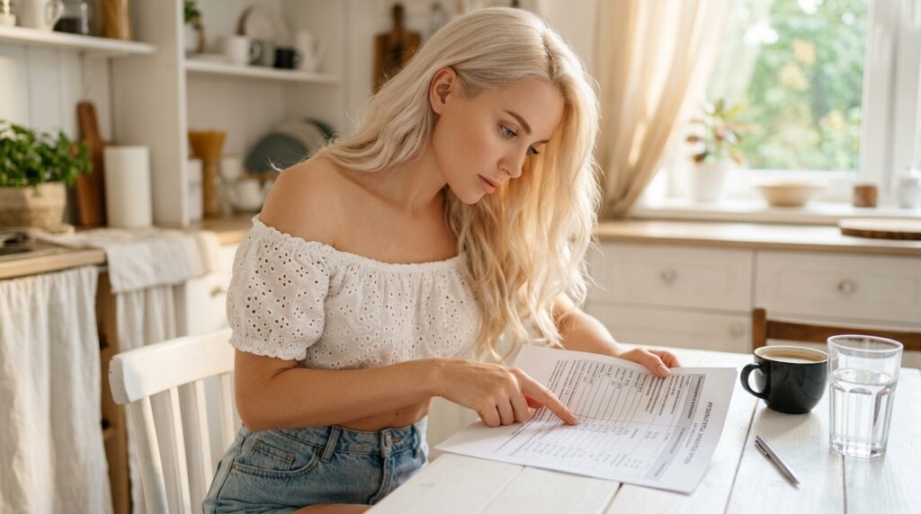 Gorgeous platinum blonde woman in a white off-shoulder summer top and denim shorts leaning over printed blood test results at a bright white kitchen table representing the regular monitoring recommended to assess keto diet long term side effects on kidney function cholesterol and metabolic markers
