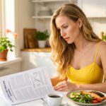 Gorgeous blonde woman in a sunshine yellow summer dress leaning over a research article at a bright white kitchen table with a keto meal of salmon avocado and leafy greens beside her representing the question of whether the keto diet is safe long term based on current research