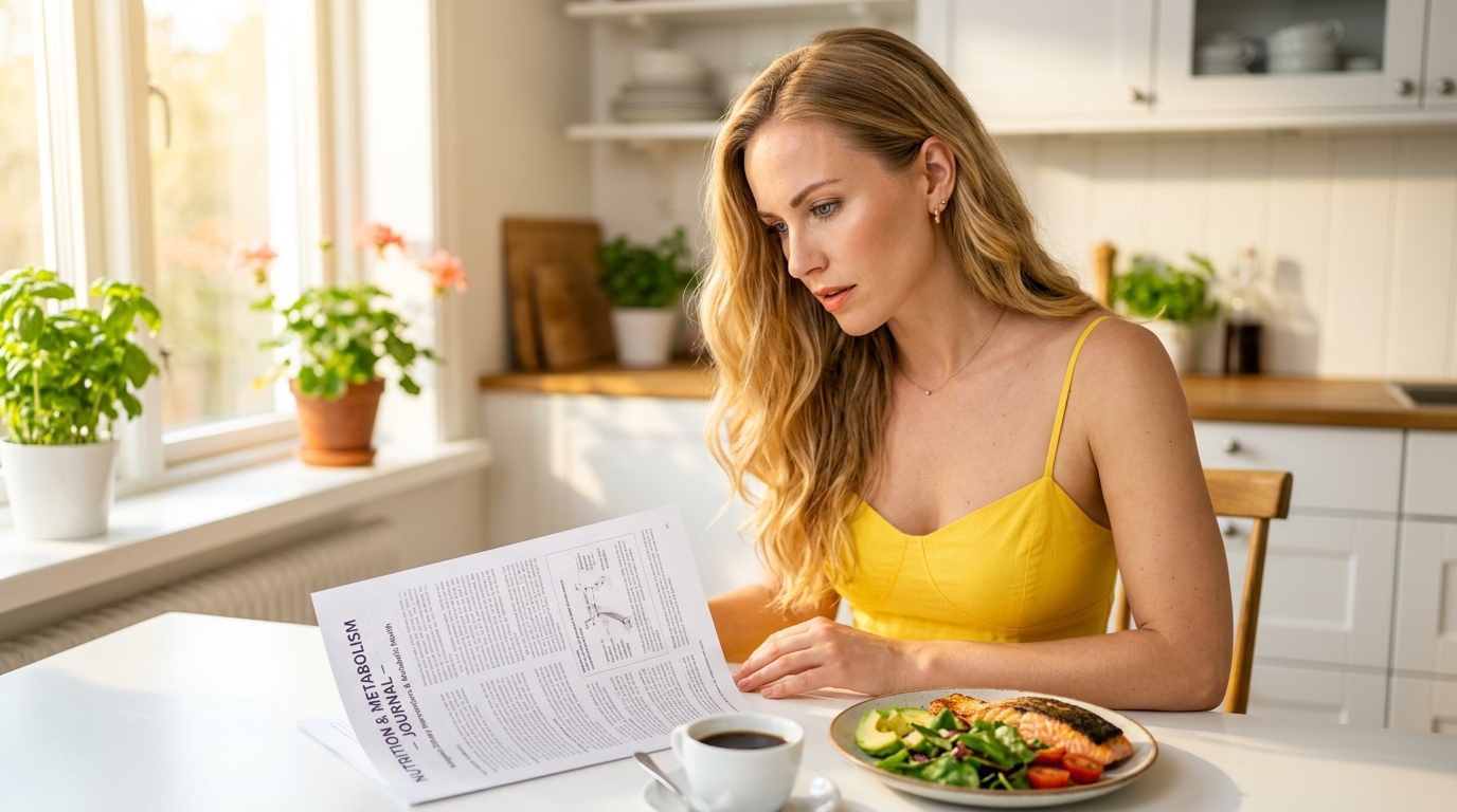 Gorgeous blonde woman in a sunshine yellow summer dress leaning over a research article at a bright white kitchen table with a keto meal of salmon avocado and leafy greens beside her representing the question of whether the keto diet is safe long term based on current research