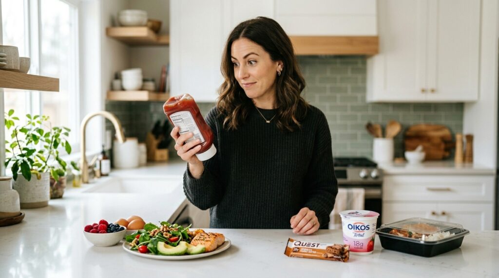 Woman reading a food label and identifying hidden carbs from condiments and processed foods showing common reasons keto stops working and why some people are not losing weight on keto
