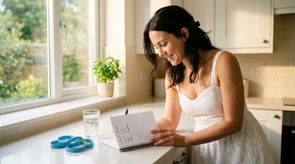 Woman in a white summer dress looking at handwritten waist measurement notes at a bright kitchen counter showing keto belly fat research results and abdominal fat reduction progress