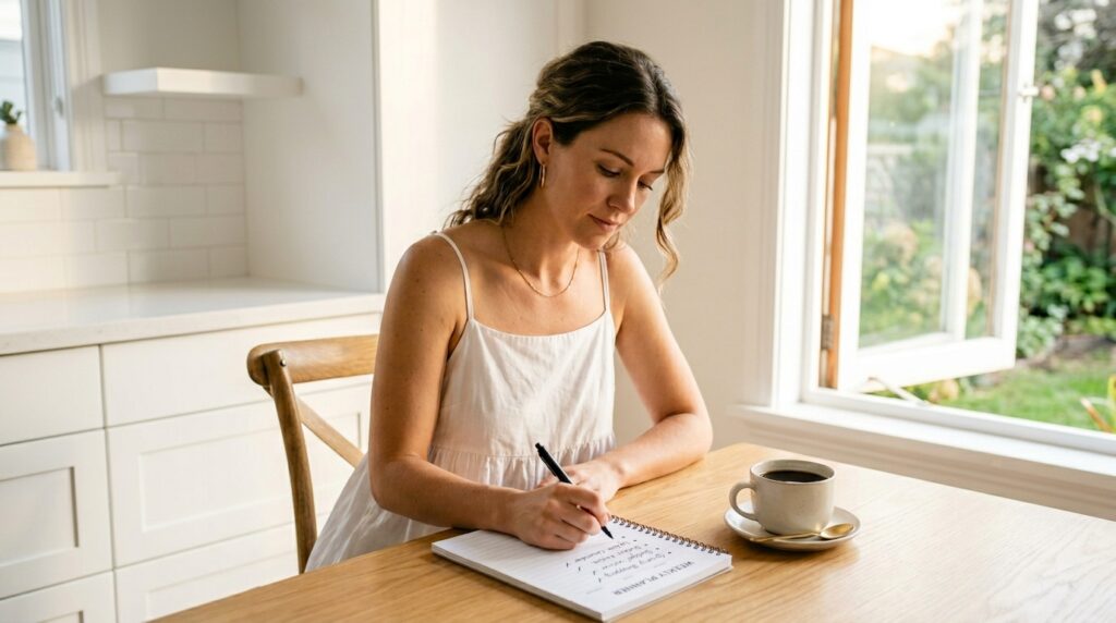 Woman calmly working through a keto weight loss stall checklist at a kitchen table showing a systematic approach to diagnosing why keto is not working