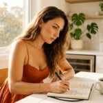 Mediterranean woman in a burnt orange sundress leaning over a notebook writing notes at a bright white kitchen table representing the calm methodical approach to breaking a keto plateau and weight loss stall