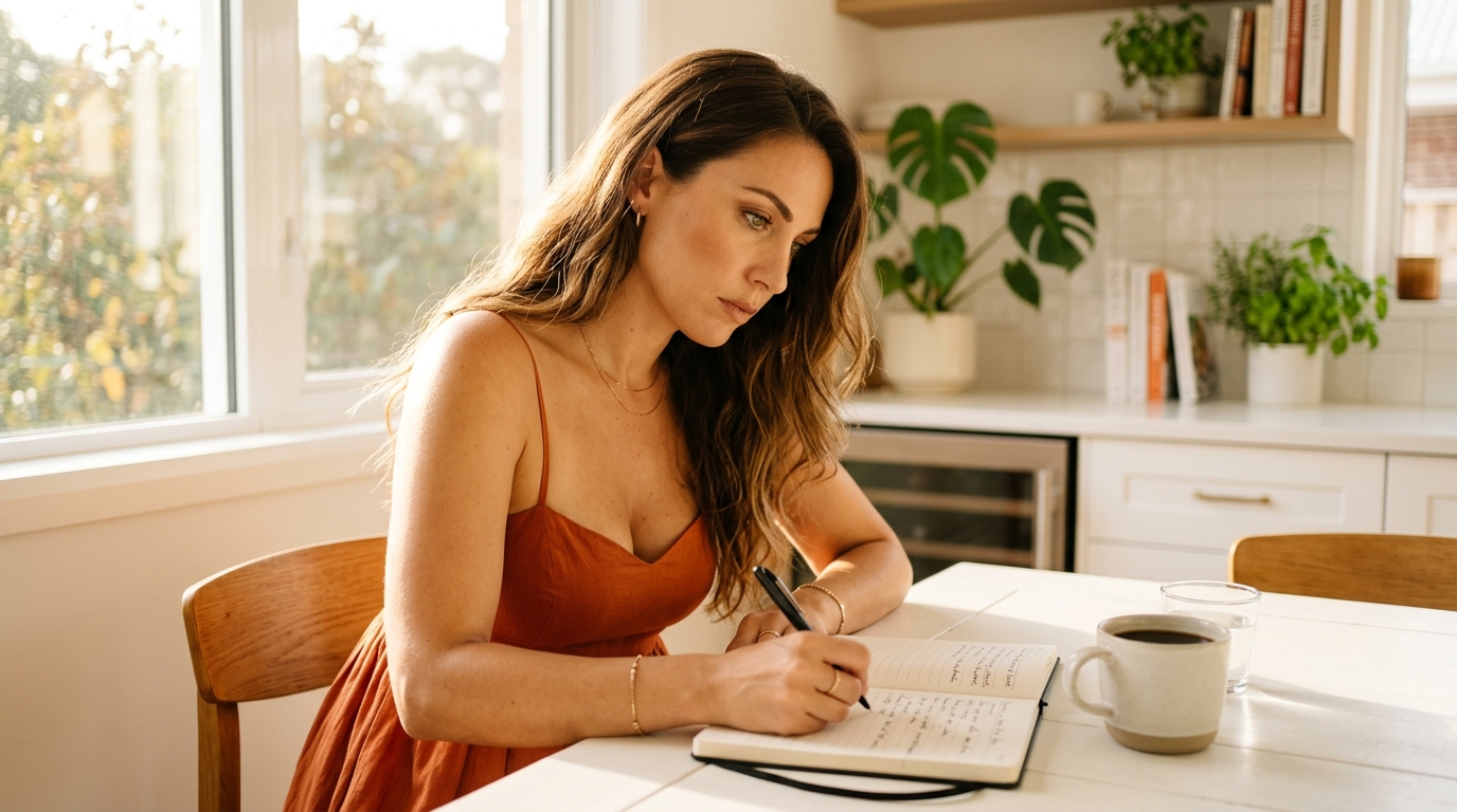 Mediterranean woman in a burnt orange sundress leaning over a notebook writing notes at a bright white kitchen table representing the calm methodical approach to breaking a keto plateau and weight loss stall