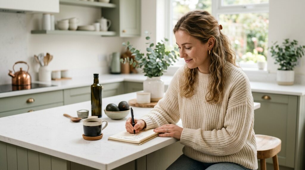 Woman writing a keto pantry essentials list at a bright kitchen counter with keto staples visible in the background